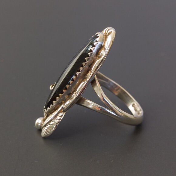 Sterling Long Onyx Navette Ring with Leaf & Scroll — Size 6.5–6.75 - Picture 6 of 8